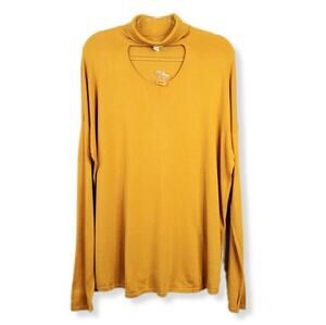 Women Peace Love World Yellow Cutout Mock Neck Top XL Cozy Relaxed Casual NEW